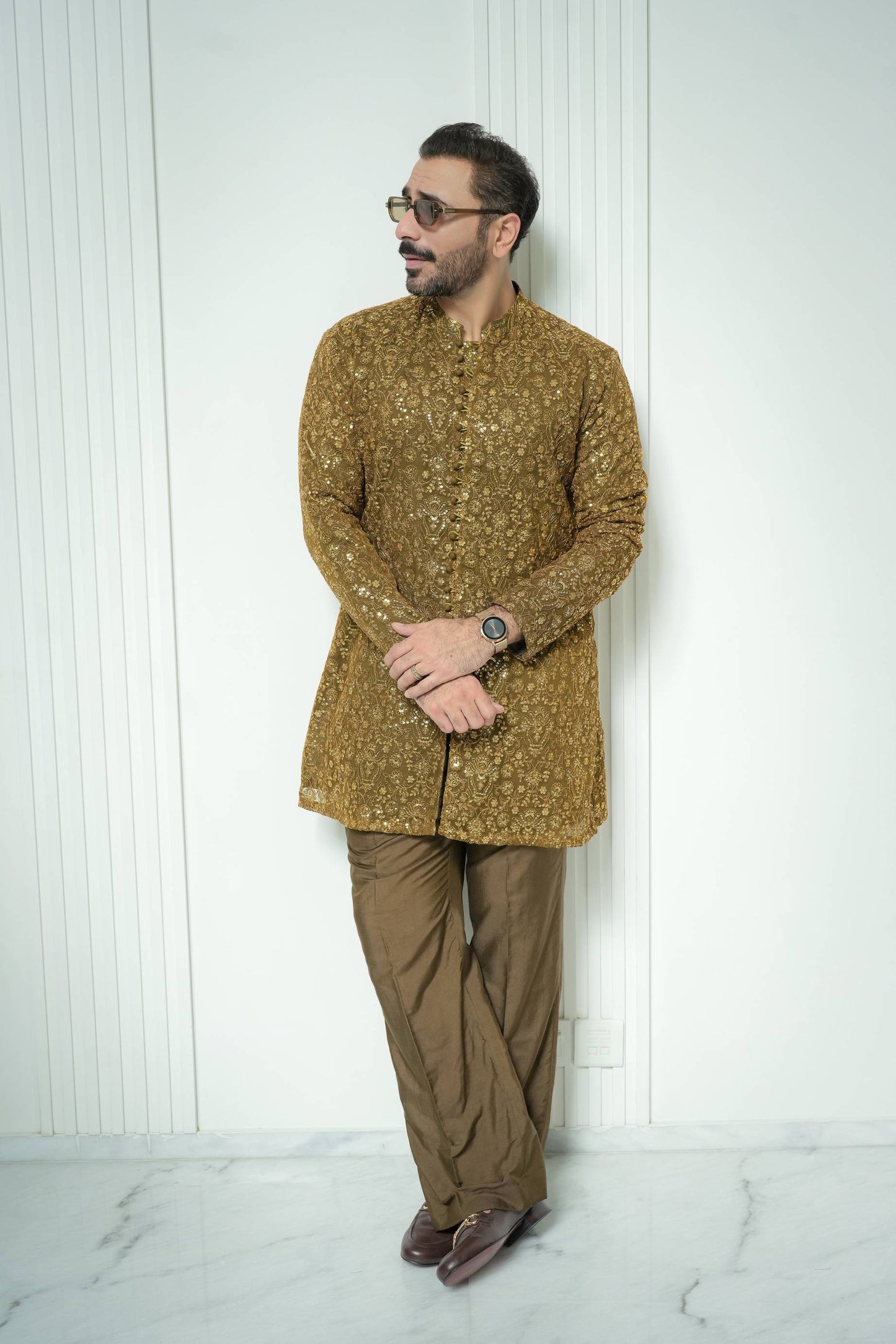 HUMAYUN ALAMGIR (MENSWEAR)-Olive Gold Jhalke Zaree