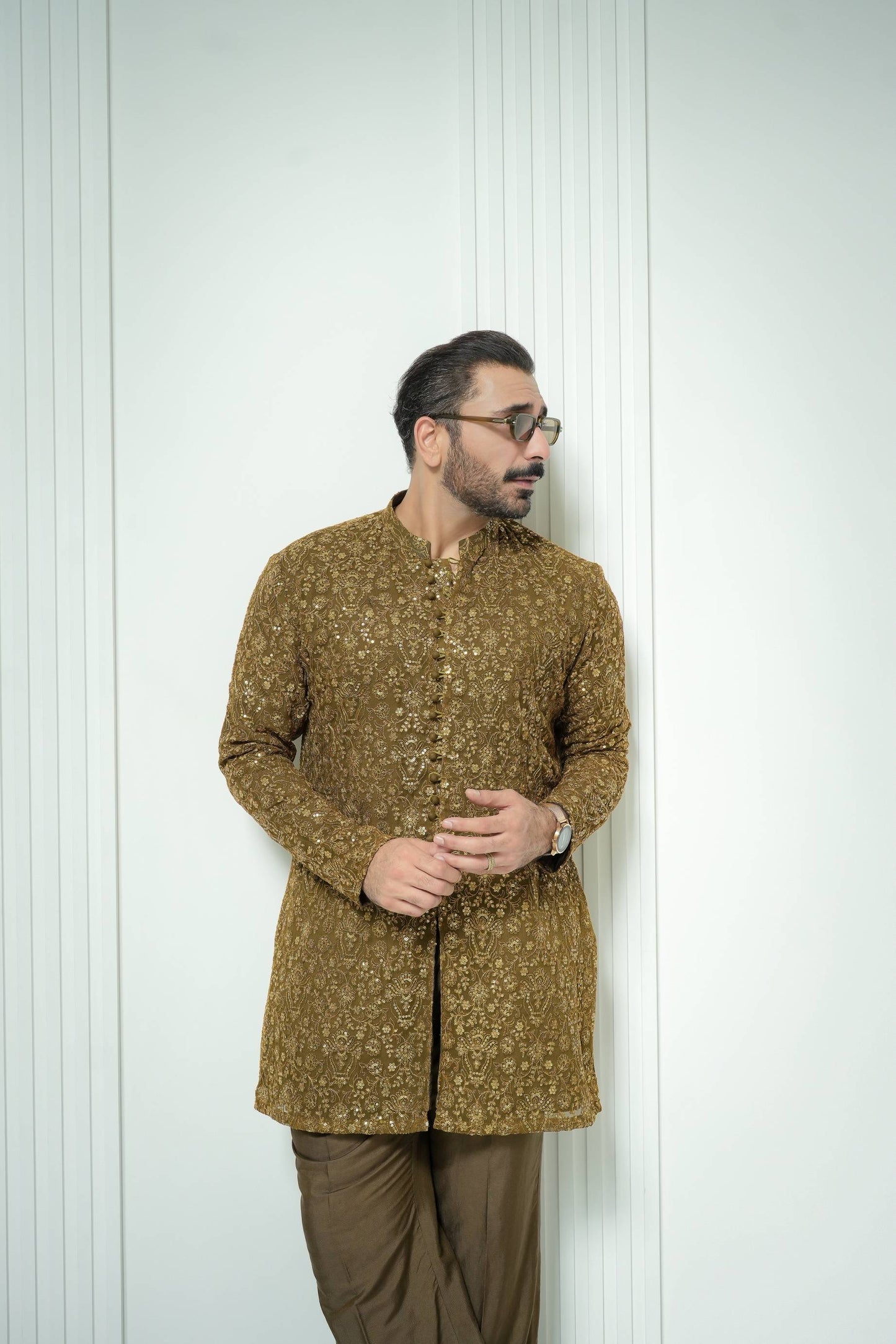 HUMAYUN ALAMGIR (MENSWEAR)-Olive Gold Jhalke Zaree