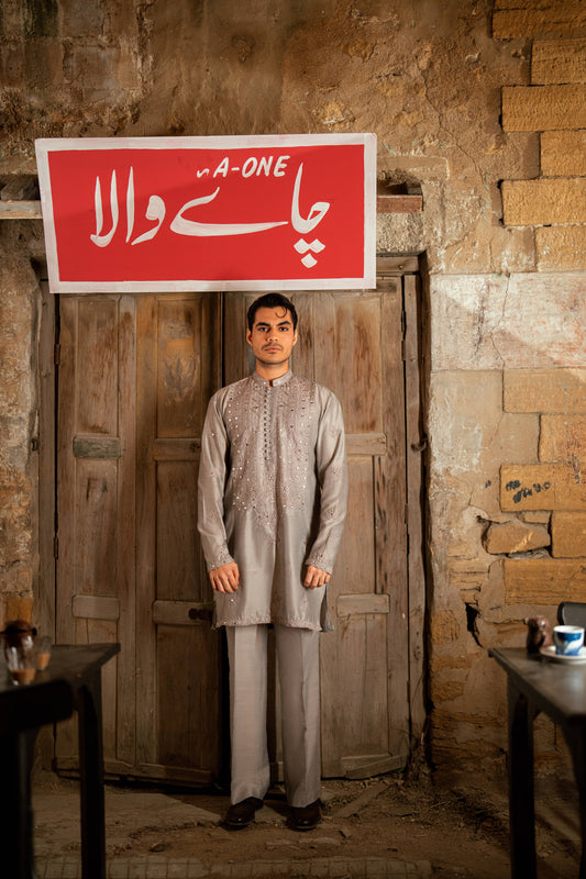 HUMAYUN ALAMGIR (MENSWEAR) - Ash Gray Mirror Work