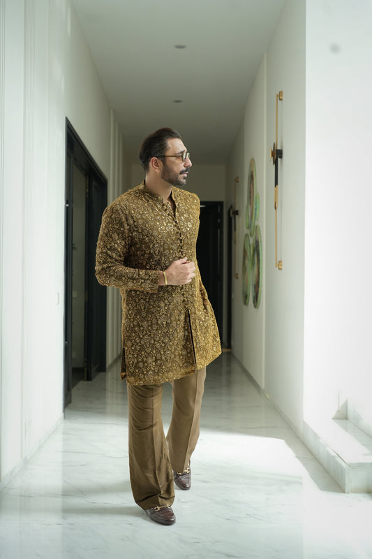 HUMAYUN ALAMGIR (MENSWEAR)-Olive Gold Jhalke Zaree
