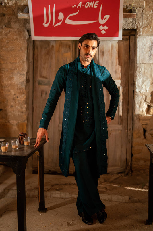 HUMAYUN ALAMGIR (MENSWEAR) - Teal Green Mirror Work