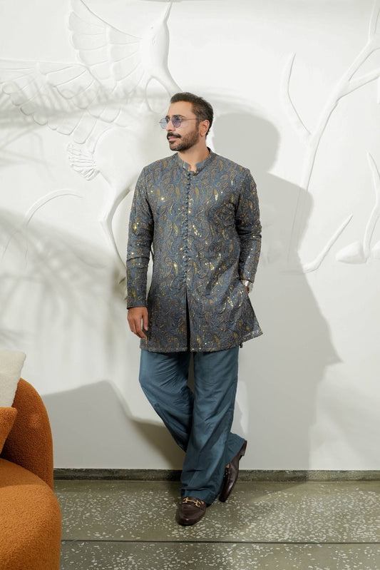 HUMAYUN ALAMGIR (MENSWEAR)-Grey Jhalke Zareen