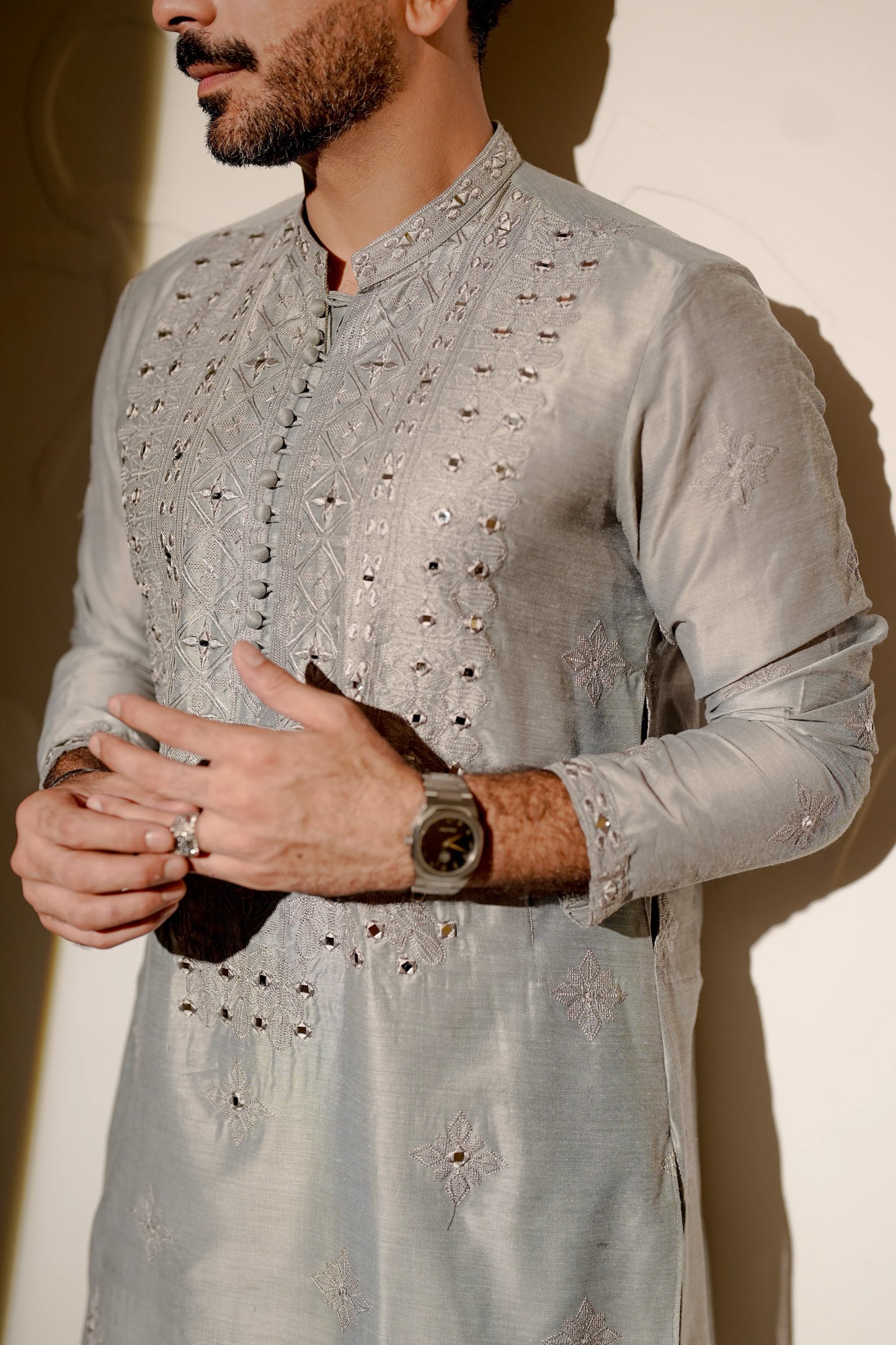 HUMAYUN ALAMGIR (MENSWEAR)-Ash Gray Aina Kari
