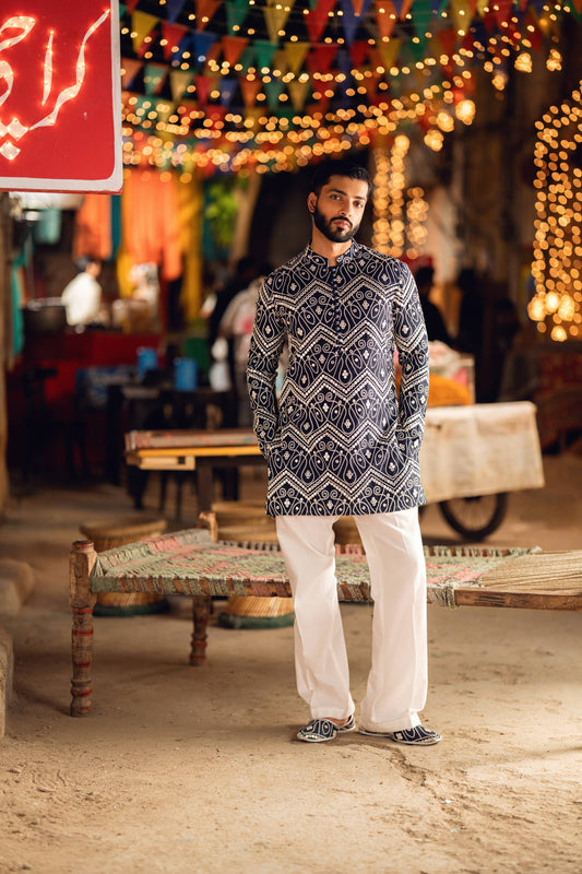 HUMAYUN ALAMGIR (MENSWEAR)-Navy Blue Naqoosh
