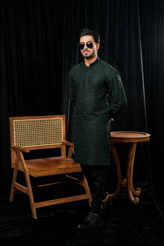 KUNZUL CHANNAR MENSWEAR- Bottle green embroidered