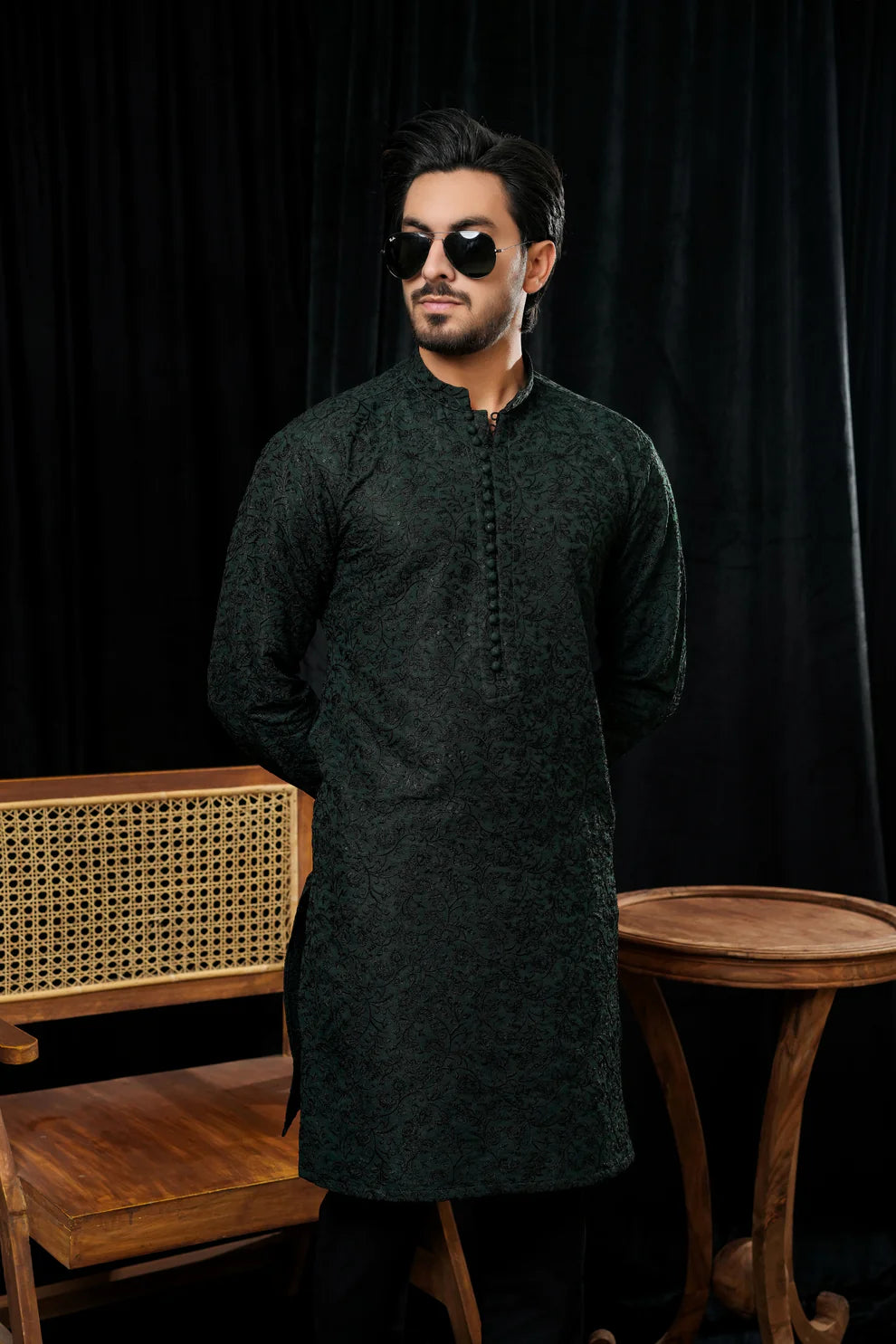 KUNZUL CHANNAR MENSWEAR- Bottle green embroidered