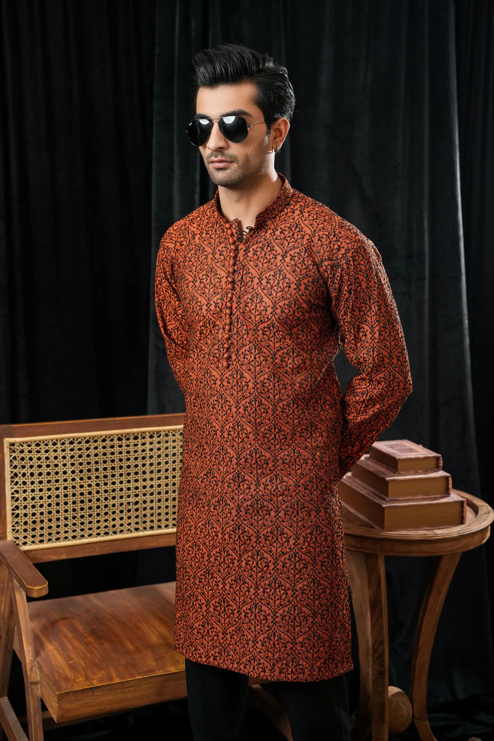 KUNZUL CHANNAR MENSWEAR- Orange and black embroidered
