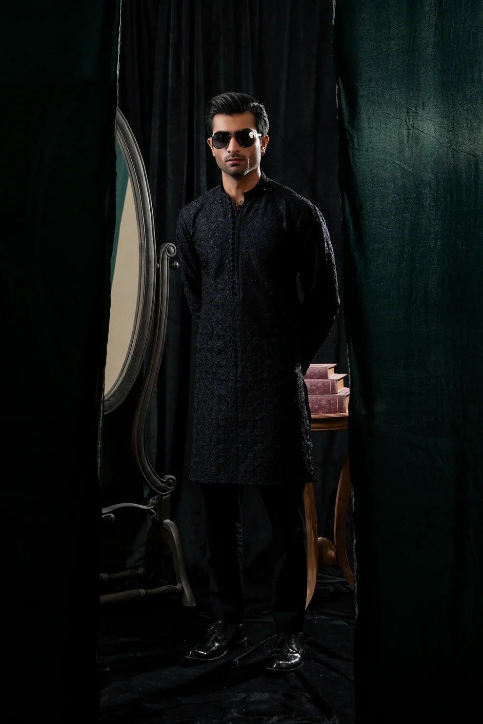 KUNZUL CHANNAR MENSWEAR- Navy blue sequin embroidered