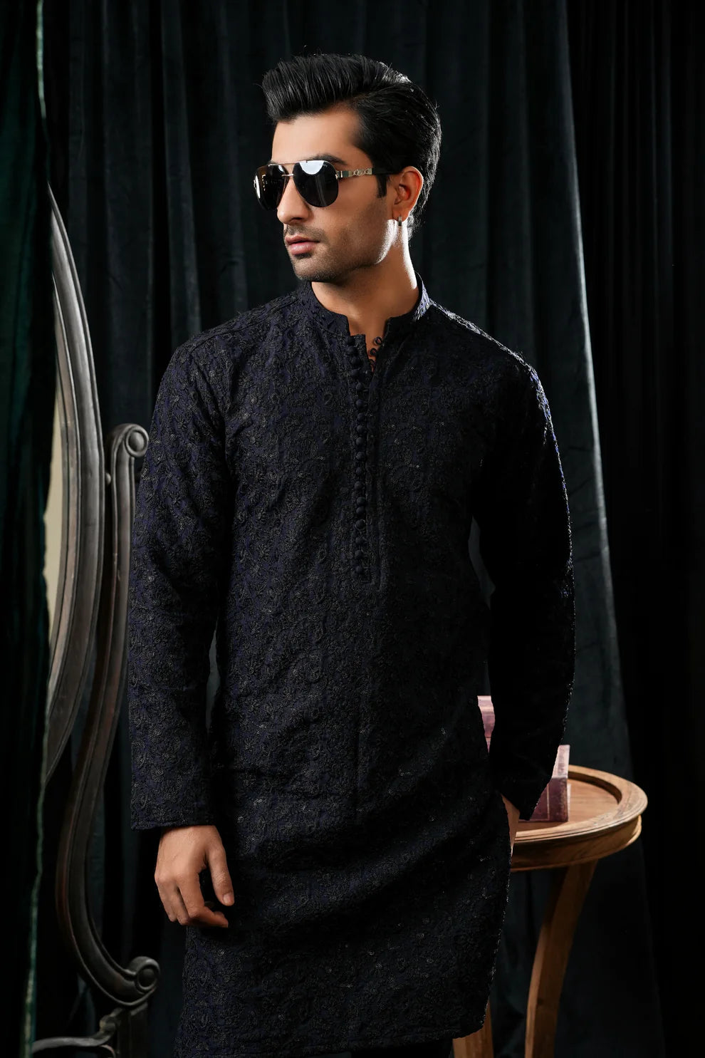 KUNZUL CHANNAR MENSWEAR- Navy blue sequin embroidered