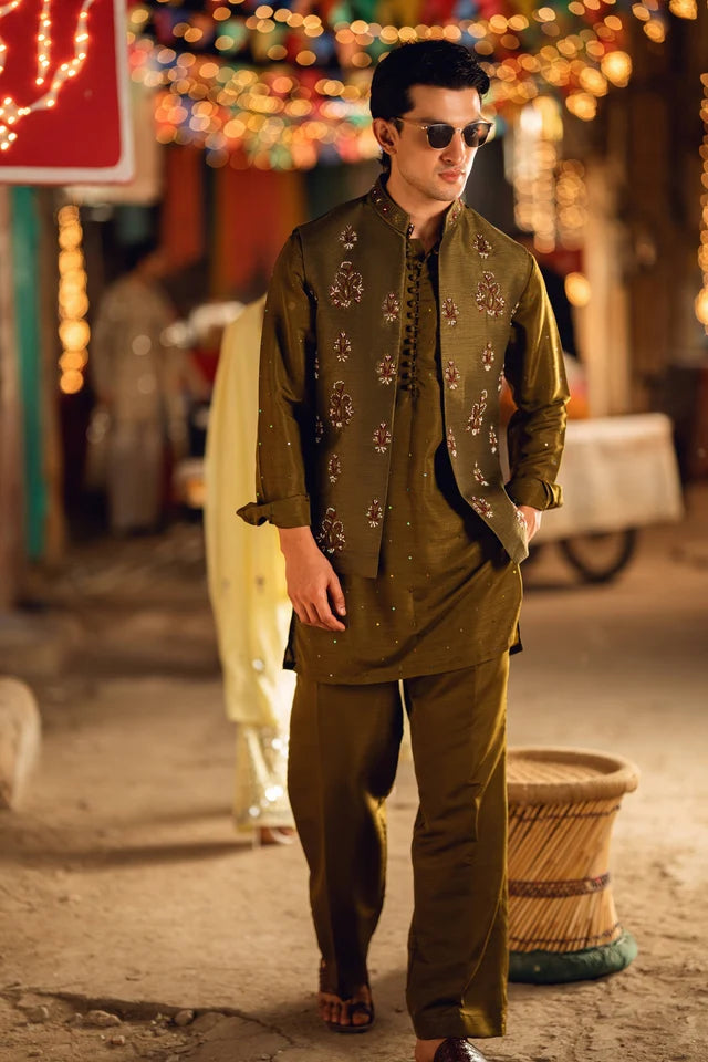 HUMAYUN ALAMGIR (MENSWEAR)-Zareef olive green waist coat