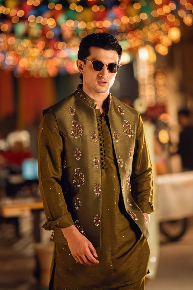 HUMAYUN ALAMGIR (MENSWEAR)-Zareef olive green waist coat