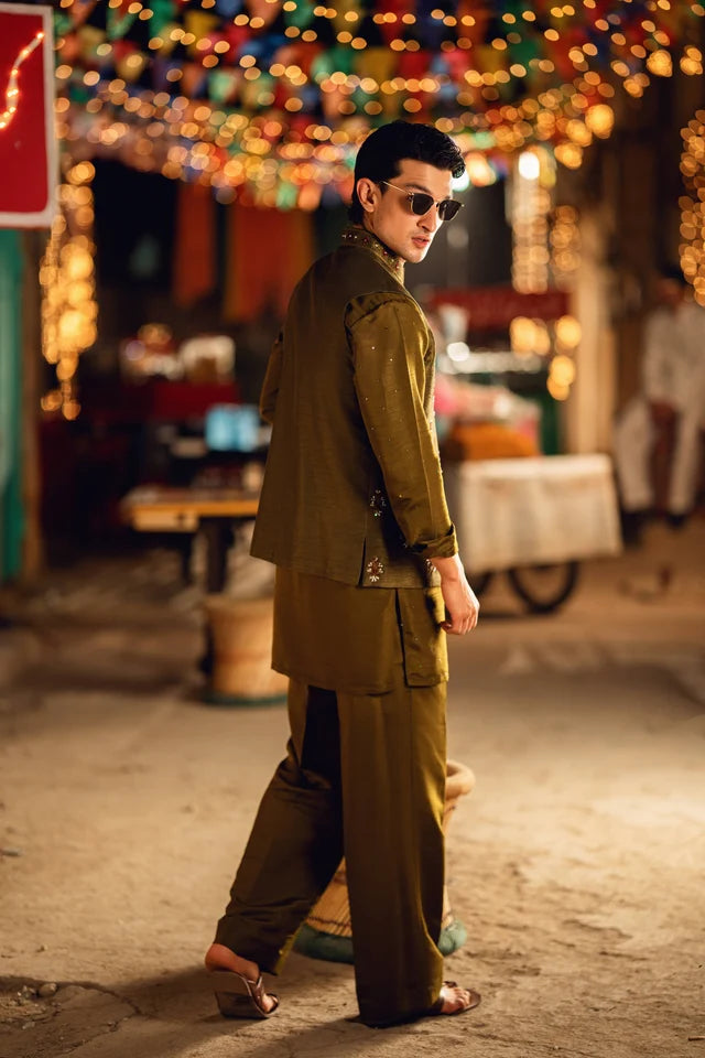 HUMAYUN ALAMGIR (MENSWEAR)-Zareef olive green waist coat