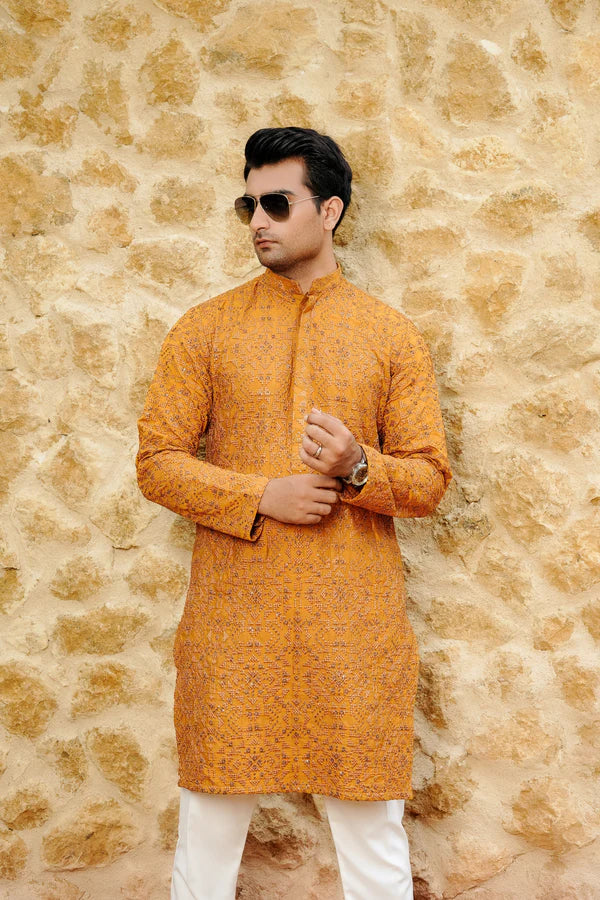 KUNZUL CHANNAR ( MENSWEAR ) - Mustard Embroidered Kurta