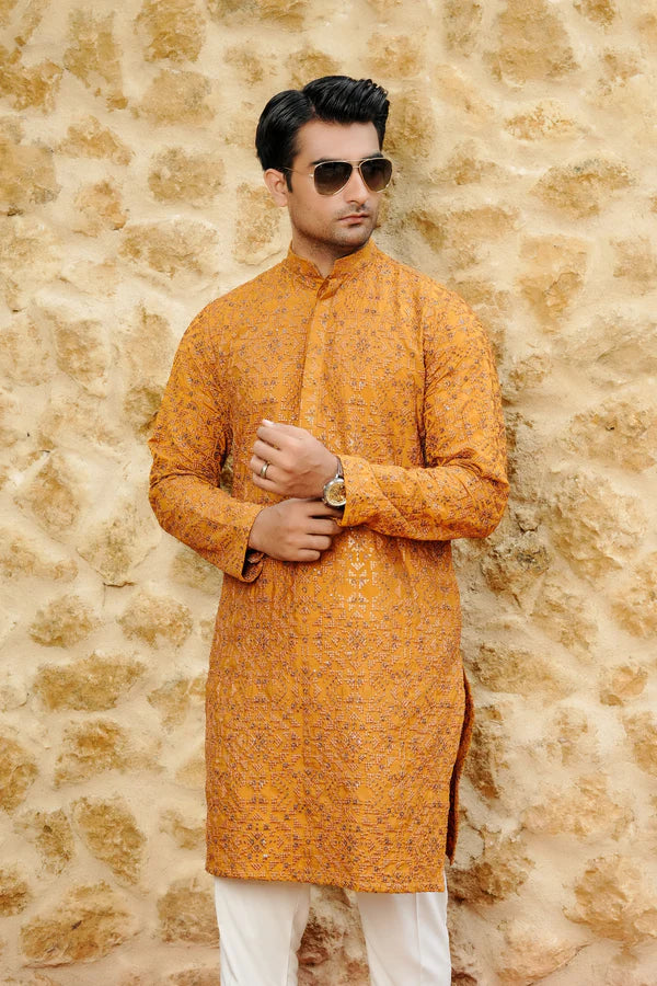 KUNZUL CHANNAR ( MENSWEAR ) - Mustard Embroidered Kurta