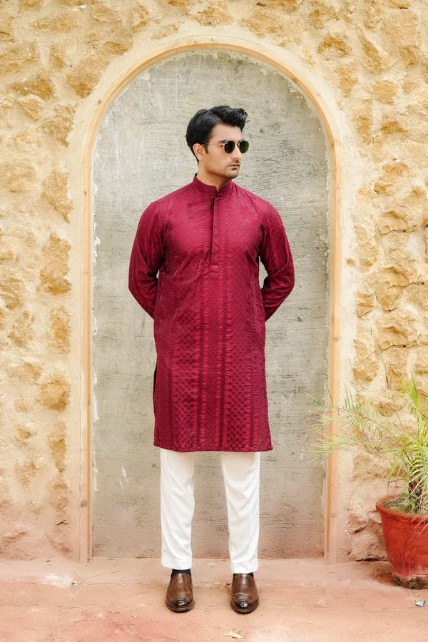 KUNZUL CHANNAR ( MENSWEAR ) - Maroon Embroidered Suit