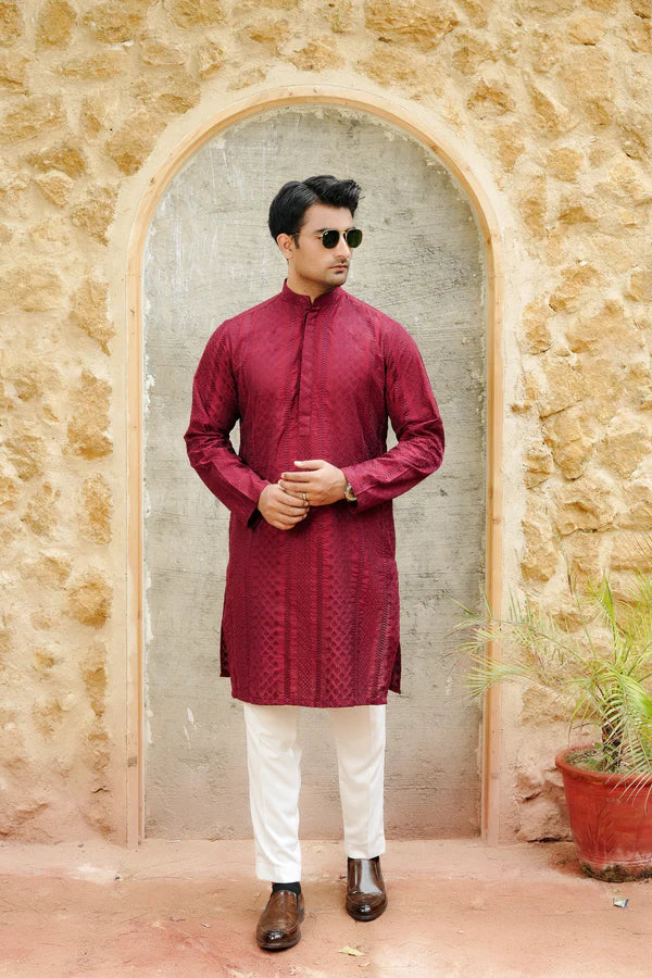 KUNZUL CHANNAR ( MENSWEAR ) - Maroon Embroidered Suit