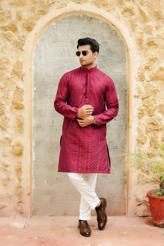 KUNZUL CHANNAR ( MENSWEAR ) - Maroon Embroidered Suit