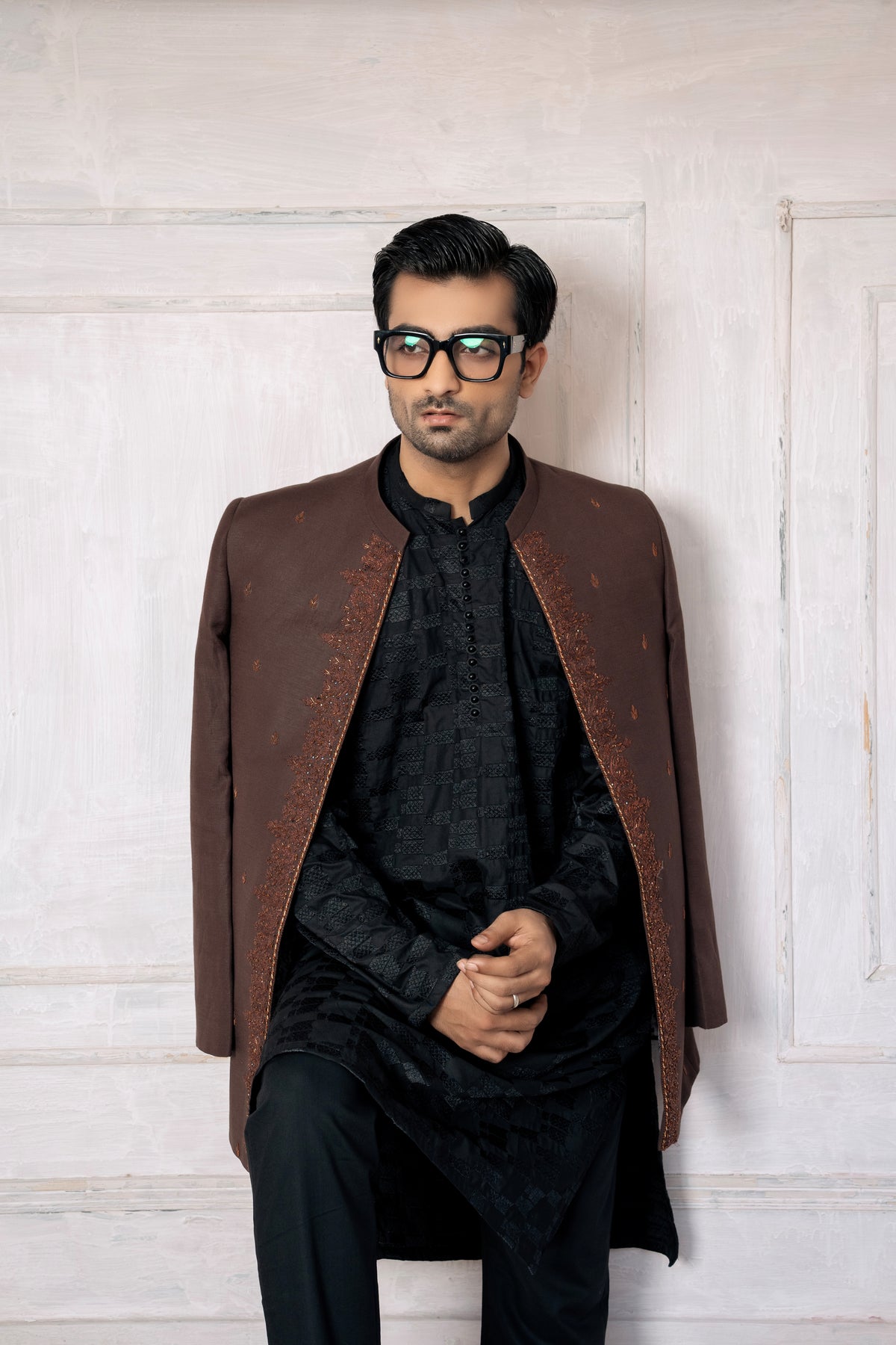 KUNZUL CHANNAR MENSWEAR-Front open sherwani with kurta trouser