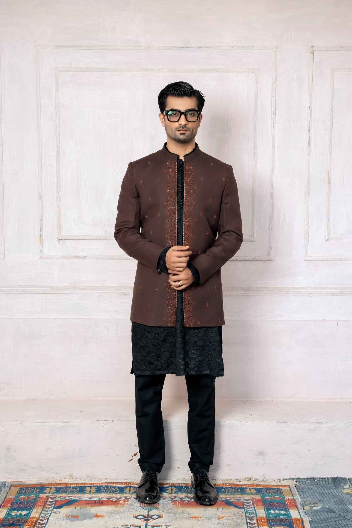 KUNZUL CHANNAR MENSWEAR-Front open sherwani with kurta trouser