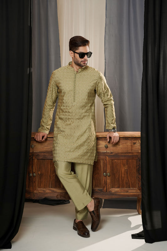 KUNZUL CHANNAR MENSWEAR - Grey Olive Embroidered Kurta Trouser