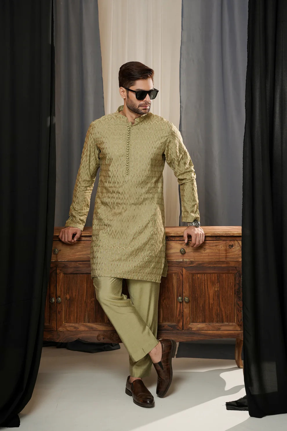KUNZUL CHANNAR MENSWEAR- Grey olive embroidered