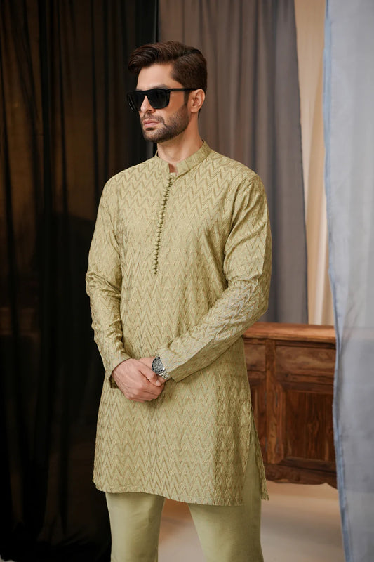 KUNZUL CHANNAR MENSWEAR- Grey olive embroidered