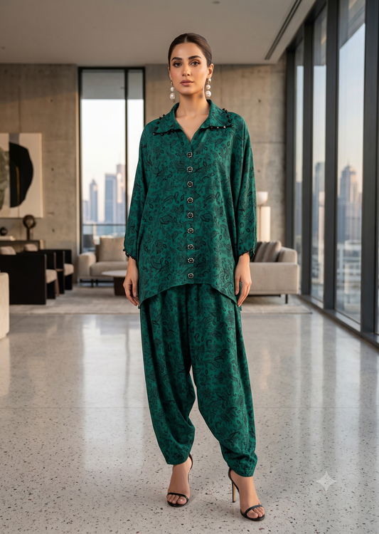 MARIA RAO- Printed green cord set