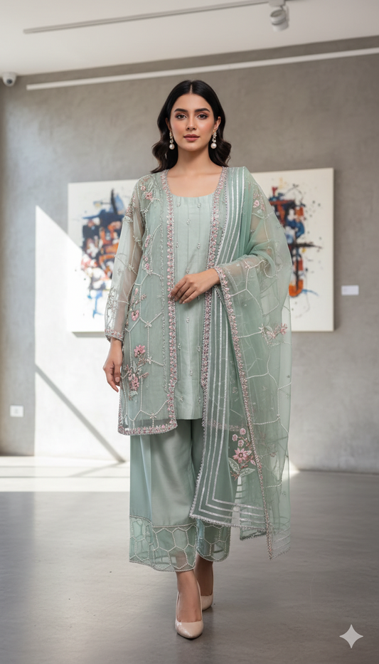 ERAM SHEIKH - Aqua organza cape suit