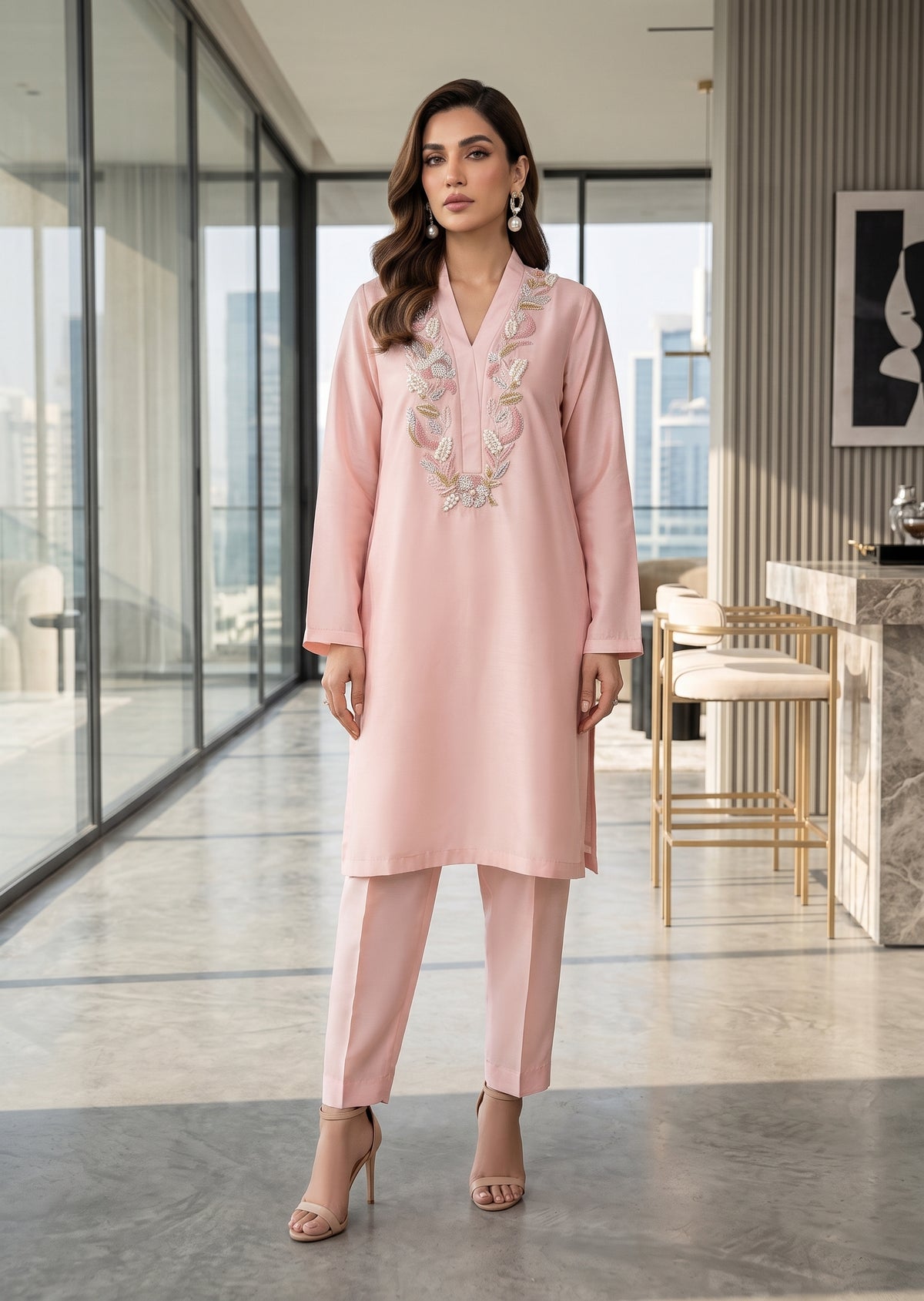 ASHJAIN SAFWAN- Peach set with shalwar pants