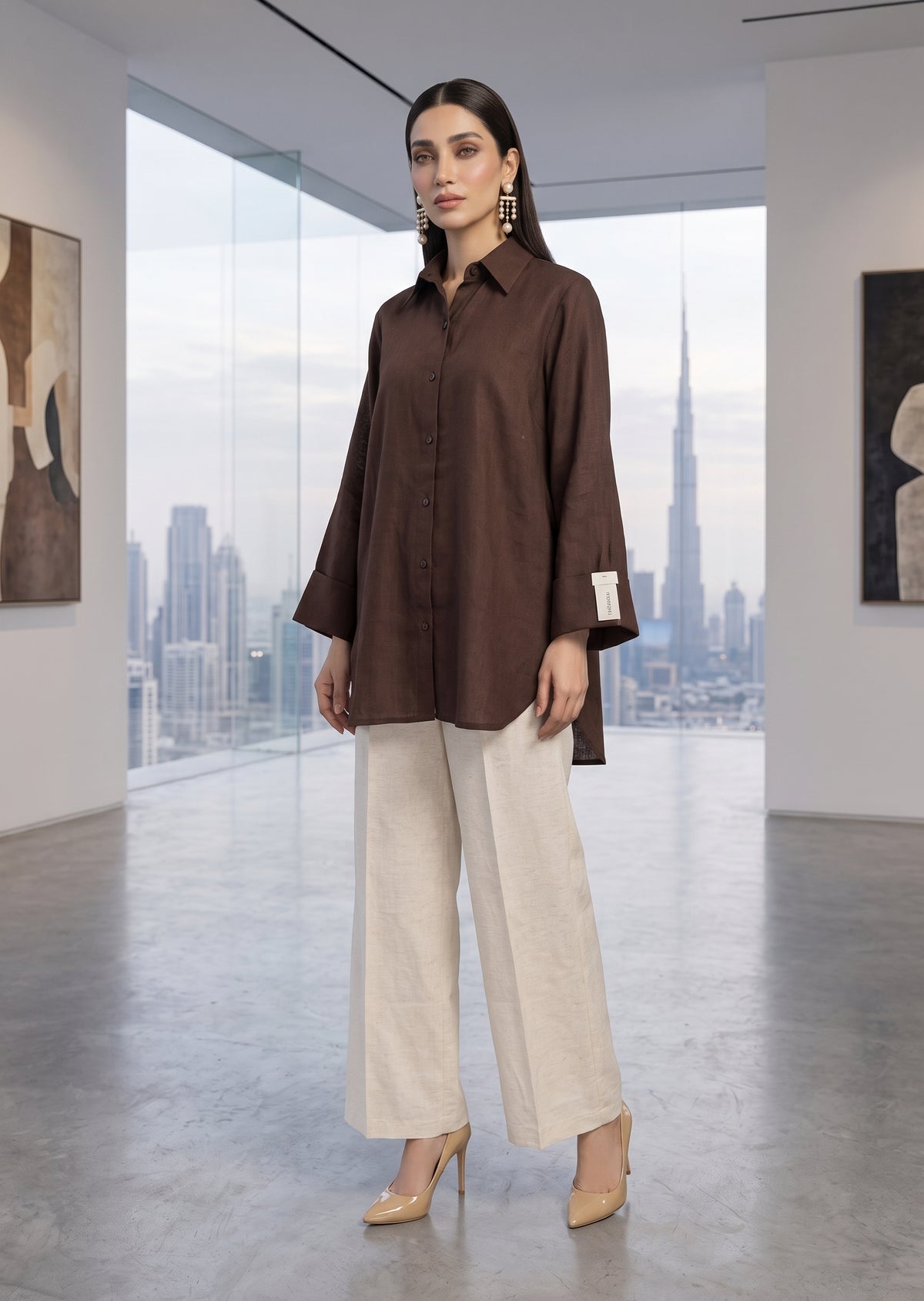 AMNA IQBAL- Brown linen set