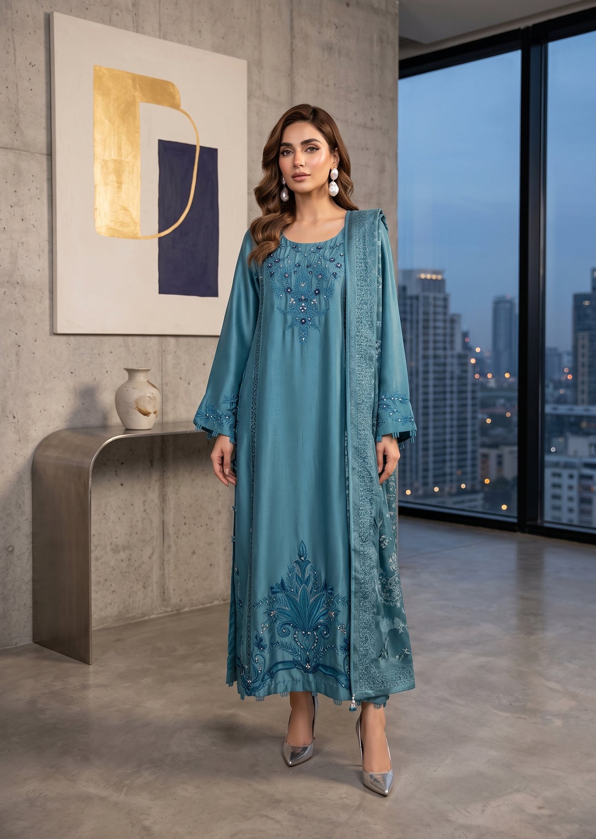 FARAH ZUBAIR- Blue emb  Shirt