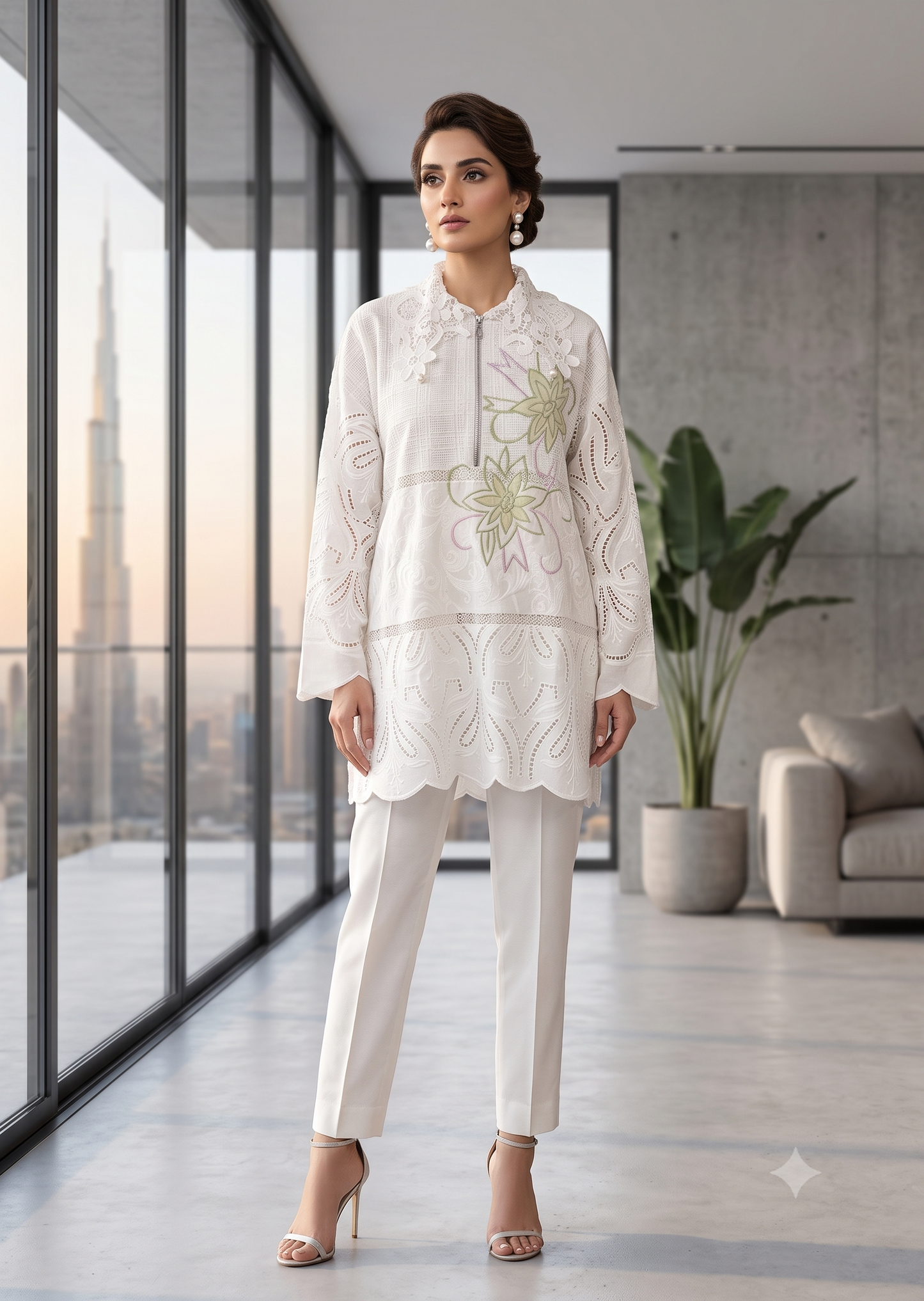 FARAH ZUBAIR- White  emb top only
