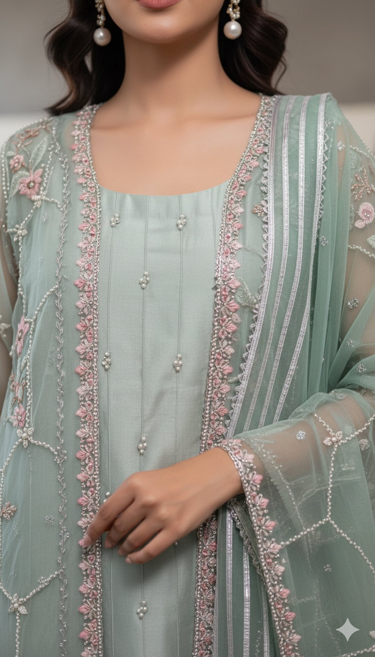 ERAM SHEIKH - Aqua organza cape suit