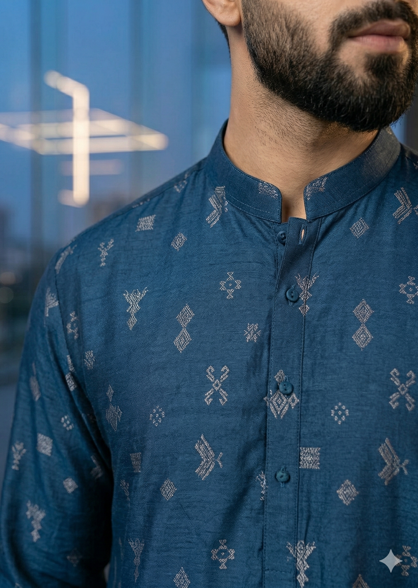 KUNZUL CHANNAR MENSWEAR - Blue With Motif Kurta Trouser