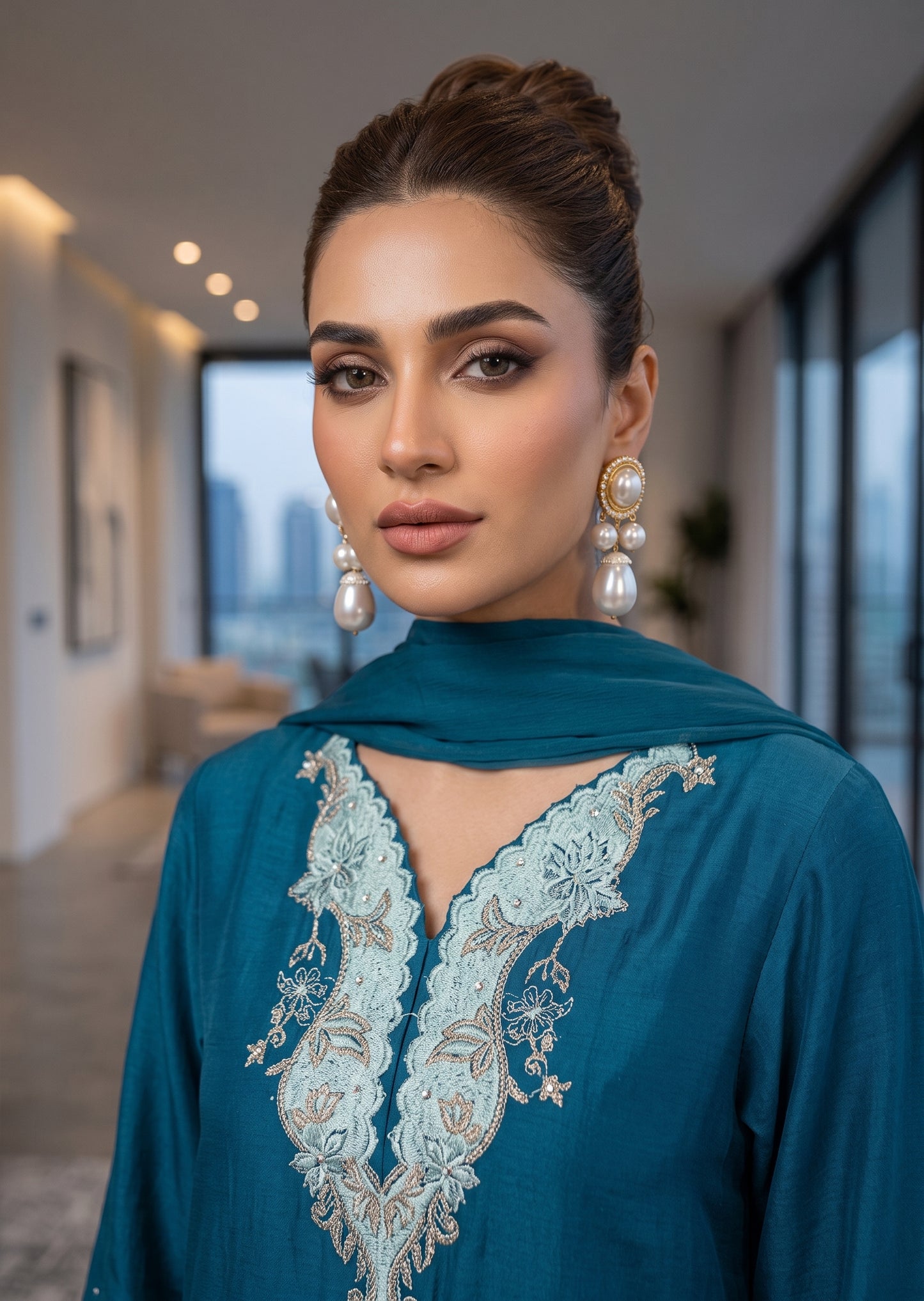 AMNA IQBAL- Eva plum kaftan  in teal