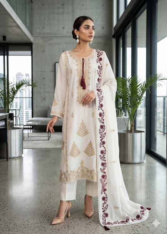 WAJEEHA ANSARI-  4 Piece set  emb  shirt