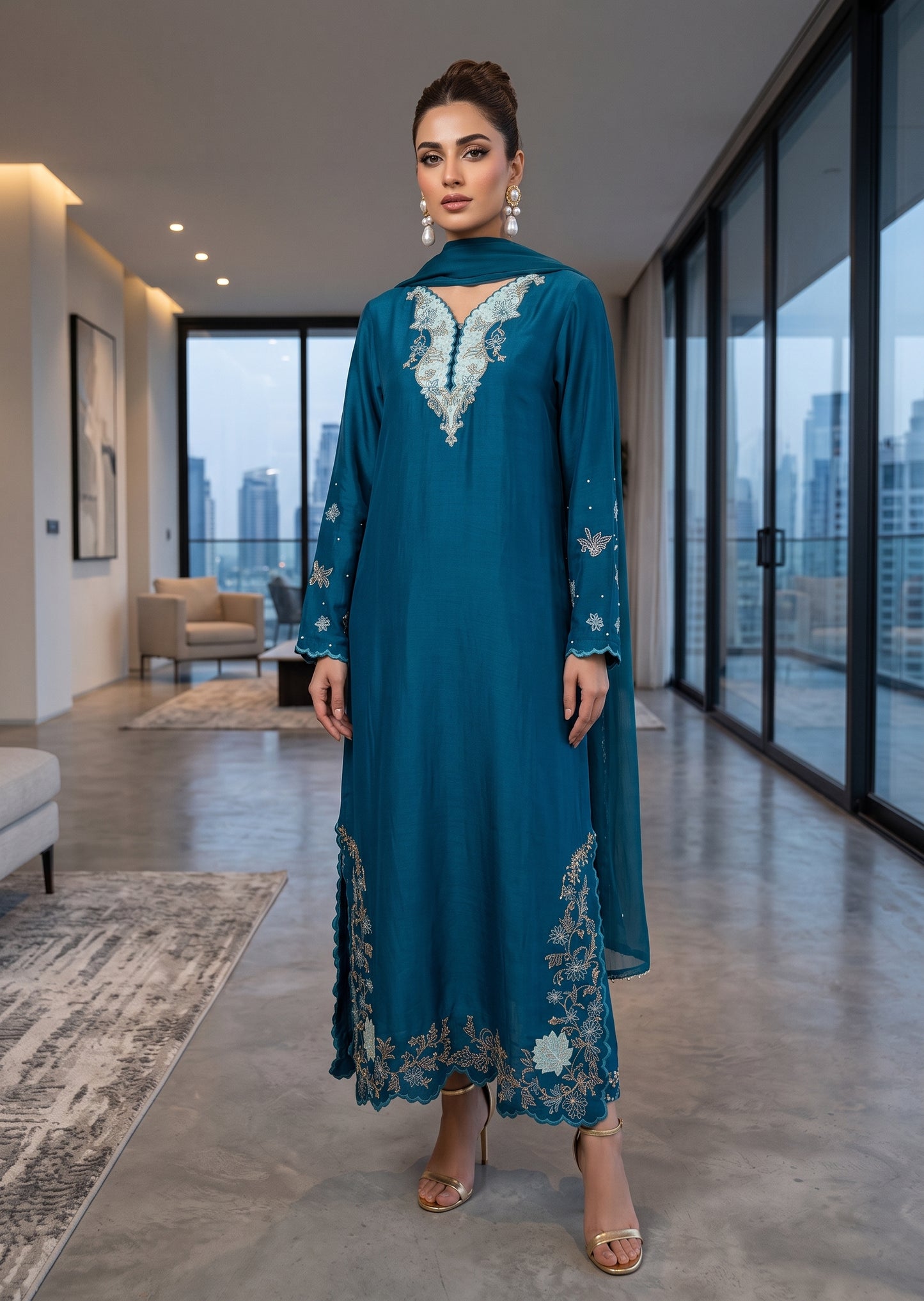AMNA IQBAL- Eva plum kaftan  in teal