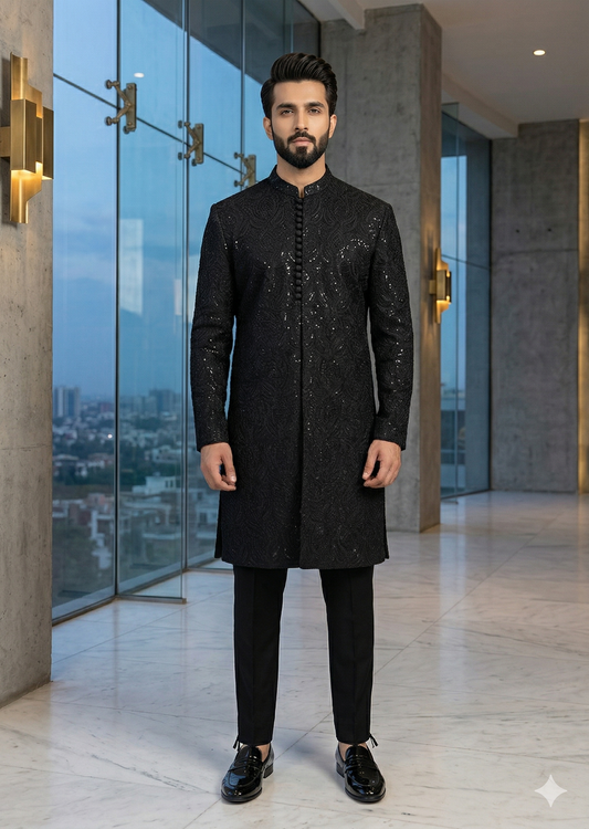 KUNZUL CHANNAR MENSWEAR - Black Multi Sequince Kurta Trouser