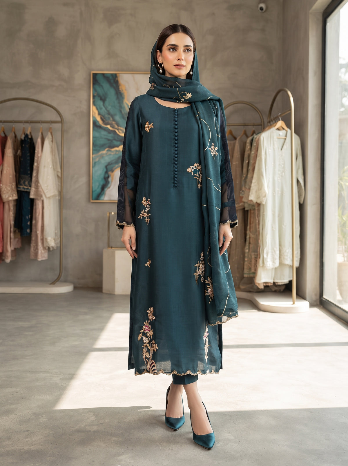 MAHOGANY - Teal with gold  work foil  duppata