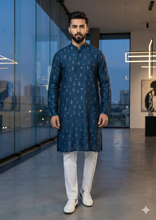 KUNZUL CHANNAR MENSWEAR - Blue With Motif Kurta Trouser
