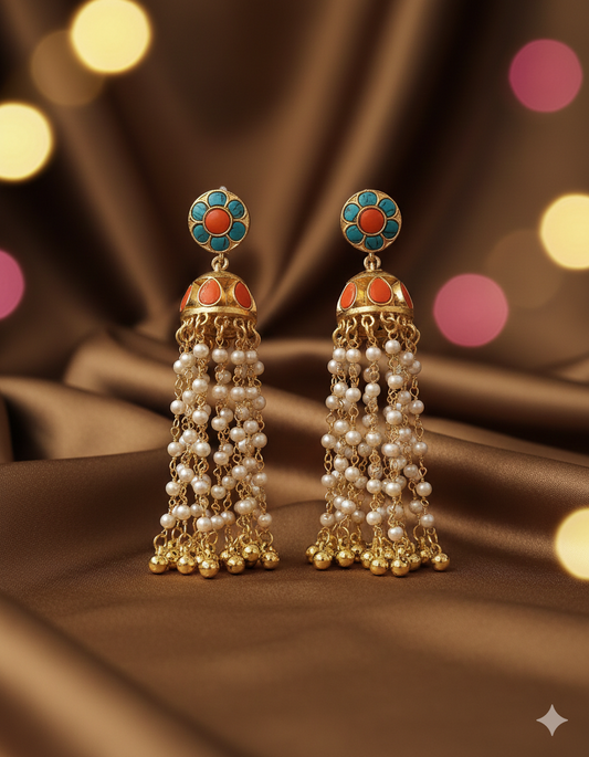 DAHLIA BY SEHAR ZAFAR - Feroza & Orange with Moti Droplets