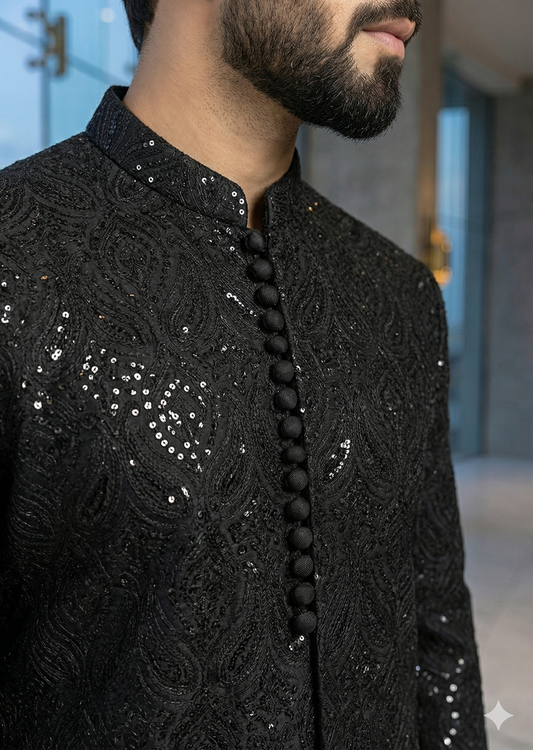 KUNZUL CHANNAR MENSWEAR - Black Multi Sequince Kurta Trouser