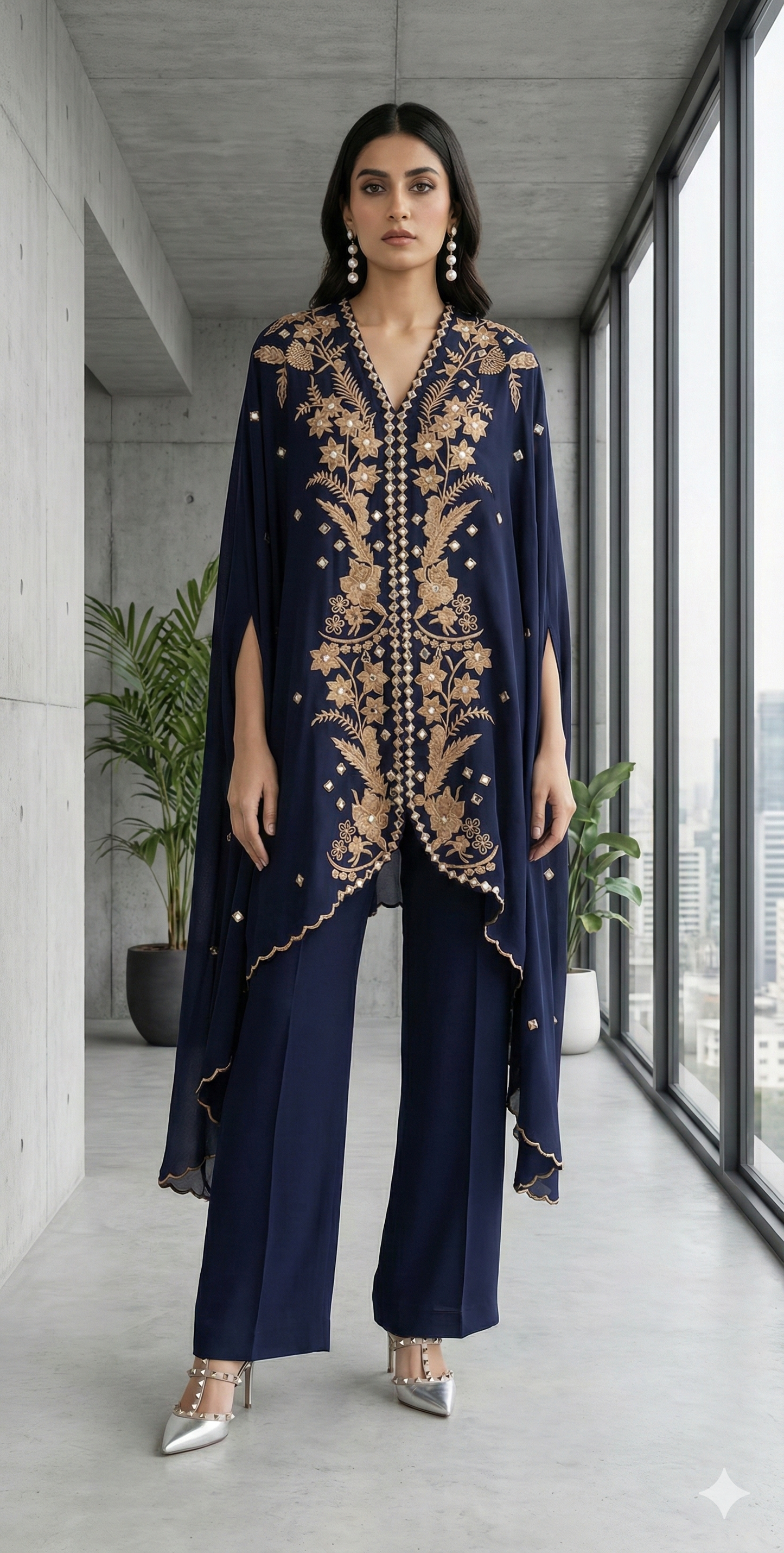 MARIA RAO-Blue coat beige emb