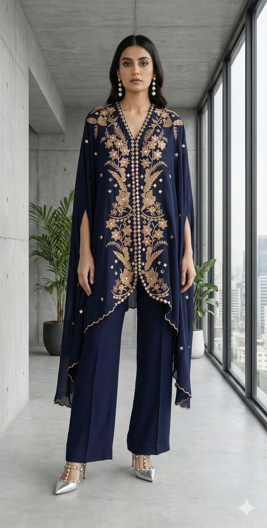 MARIA RAO-Blue coat beige emb