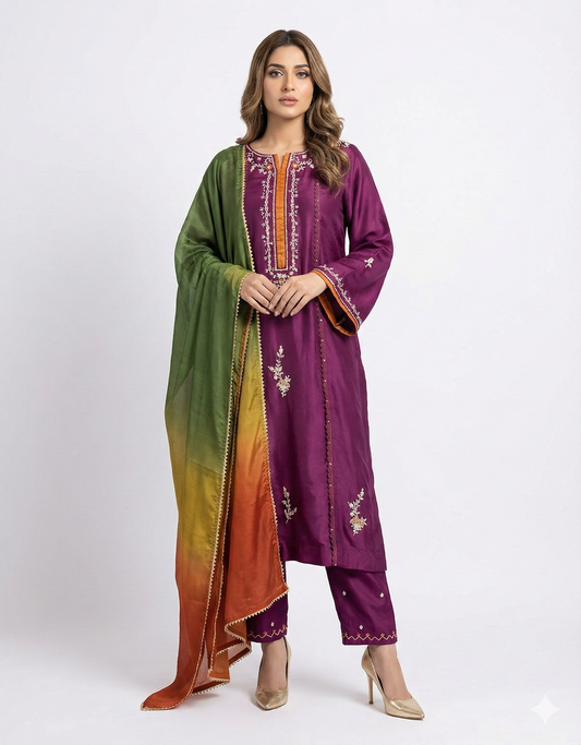 FARAH ZUBAIR - Magenta Rawsilk