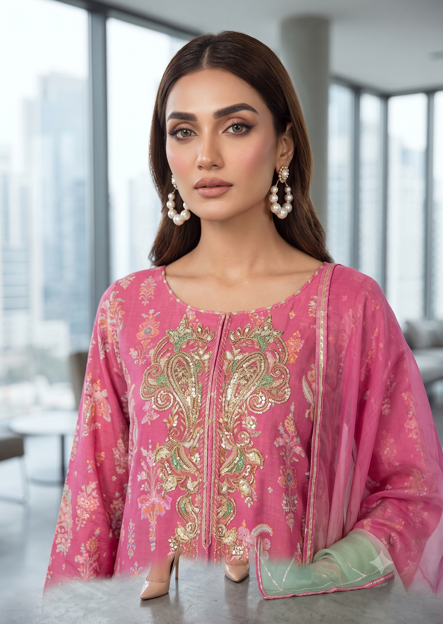 MAHOGANY - Pink printed gota work