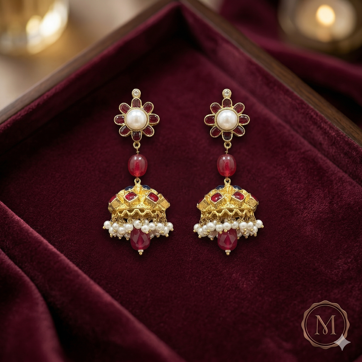 ZAHEEN KAMRAN - Maharani Pearl & Ruby Heritage Jhumkas