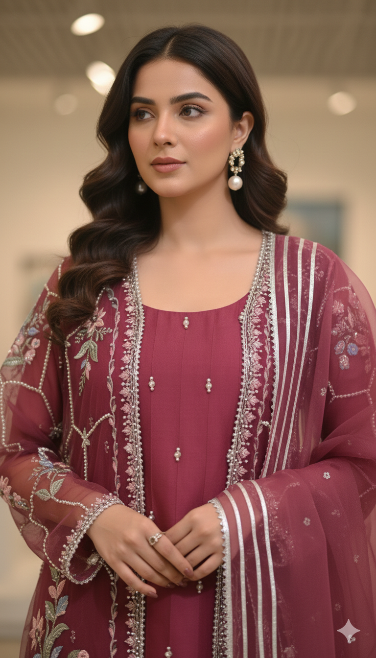 ERAM SHEIKH - Pink organza cape suit