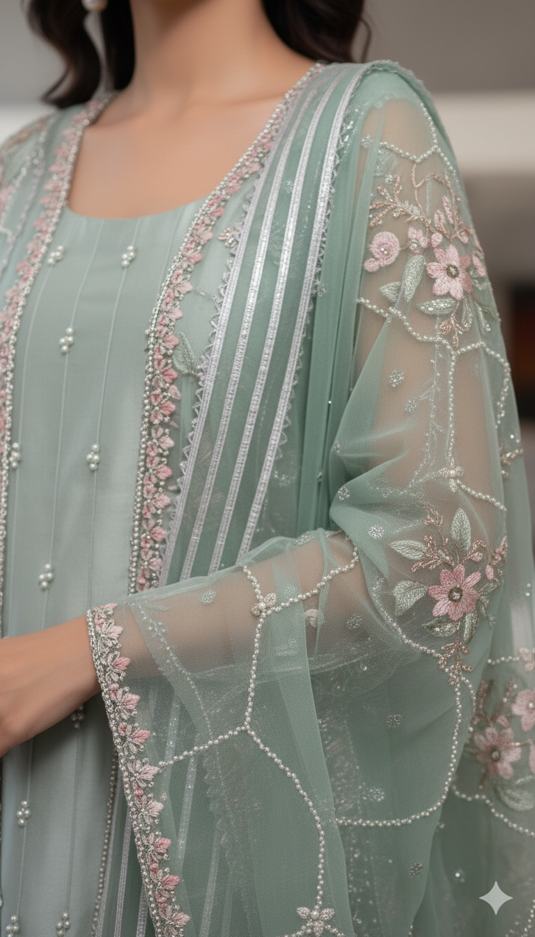 ERAM SHEIKH - Aqua organza cape suit