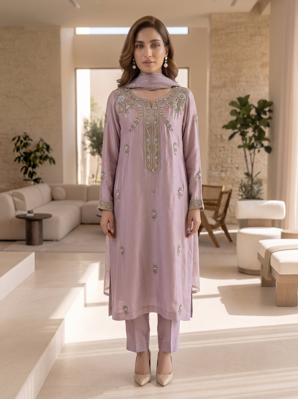 MAHOGANY - Mauve with work foil duppata